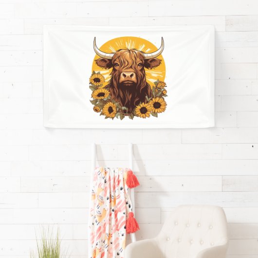 ヒマワリとハイランドの牛のイラストレーション 横断幕 (インサイチュ)
