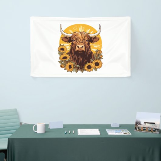 ヒマワリとハイランドの牛のイラストレーション 横断幕 (トレードショー)