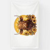 ヒマワリとハイランドの牛のイラストレーション 横断幕 (縦)