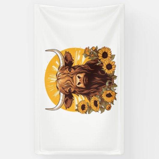 ヒマワリとハイランドの牛のイラストレーション 横断幕 (縦)