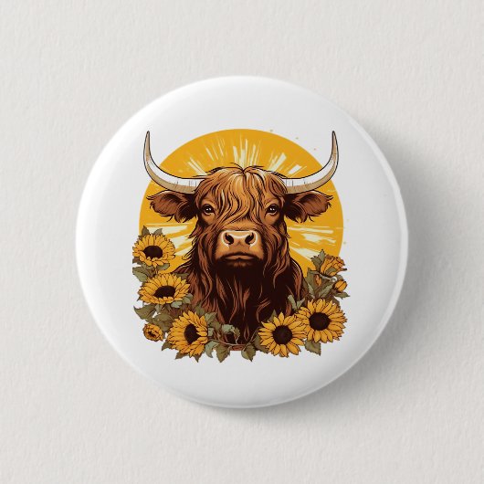 ヒマワリとハイランドの牛のイラストレーション 缶バッジ (正面)