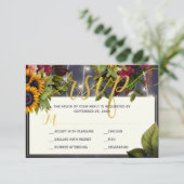 ヒマワリとバラのネイビーブルゴーニュ結婚ー素朴 出欠カード (スタンド正面)