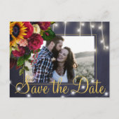 ヒマワリとバラのネイビー救フト写真結婚日付 案内ポストカード (正面)