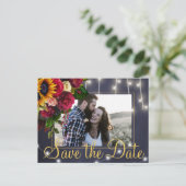 ヒマワリとバラのネイビー救フト写真結婚日付 案内ポストカード (スタンド正面)