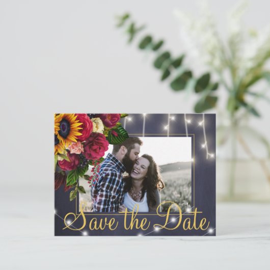 ヒマワリとバラのネイビー救フト写真結婚日付 案内ポストカード (スタンド正面)