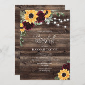 ヒマワリとバラのワインレッドの木製結婚前祝賀会 招待状 (正面/裏面)