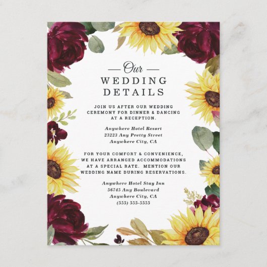 ヒマワリとバラバーガンディ素朴レッド結婚ズ エンクロージャーカード (正面)