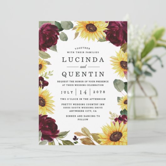 ヒマワリとバラバーガンディ素朴レッド結婚ズ 招待状 (スタンド正面)