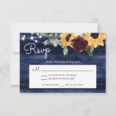 ヒマワリとバラブルゴーニュ海軍ブルー素朴ウッド 出欠カード (正面)