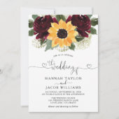 ヒマワリとバラブルゴーニュ結婚レッド 招待状 (正面)