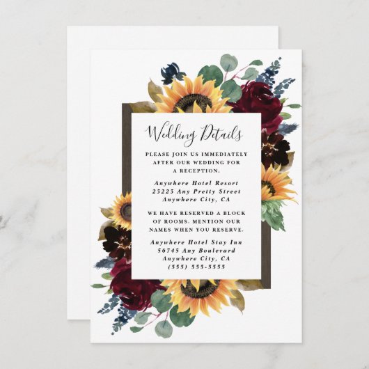 ヒマワリとバラブルゴーニュ赤ネイビー結婚ブルー エンクロージャーカード (正面/裏面)