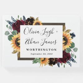 ヒマワリとバラブルゴーニュ赤ネイビー結婚ブルー ゲストブック