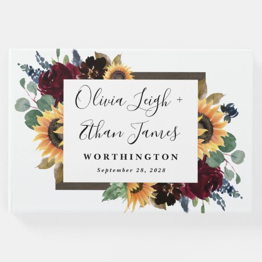 ヒマワリとバラブルゴーニュ赤ネイビー結婚ブルー ゲストブック (正面)