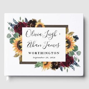 ヒマワリとバラブルゴーニュ赤ネイビー結婚ブルー ゲストブック