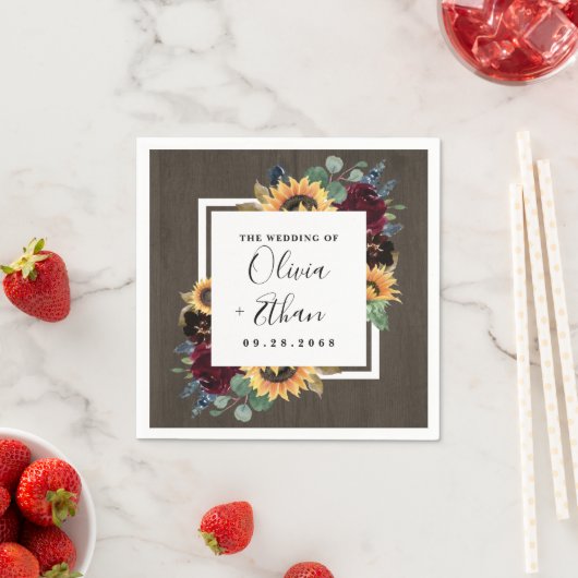 ヒマワリとバラブルゴーニュ赤ネイビー結婚ブルー スタンダードカクテルナプキン (インサイチュ)