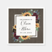 ヒマワリとバラブルゴーニュ赤ネイビー結婚ブルー スタンダードカクテルナプキン (正面)