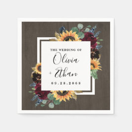 ヒマワリとバラブルゴーニュ赤ネイビー結婚ブルー スタンダードカクテルナプキン