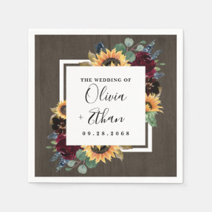 ヒマワリとバラブルゴーニュ赤ネイビー結婚ブルー スタンダードカクテルナプキン