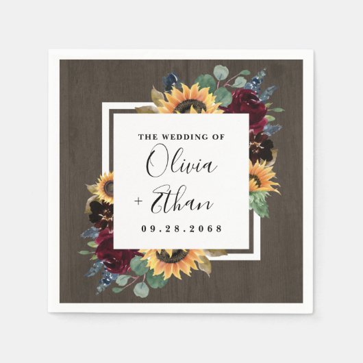 ヒマワリとバラブルゴーニュ赤ネイビー結婚ブルー スタンダードカクテルナプキン (正面)
