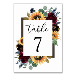 ヒマワリとバラブルゴーニュ赤ネイビー結婚ブルー テーブルナンバー