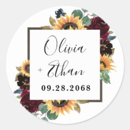ヒマワリとバラブルゴーニュ赤ネイビー結婚ブルー ラウンドシール