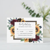 ヒマワリとバラブルゴーニュ赤ネイビー結婚ブルー 出欠カード (スタンド正面)