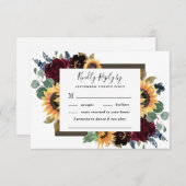 ヒマワリとバラブルゴーニュ赤ネイビー結婚ブルー 出欠カード (正面/裏面)