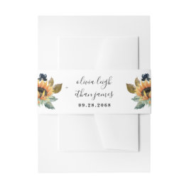 ヒマワリとバラブルゴーニュ赤ネイビー結婚ブルー 招待状ベリーバンド