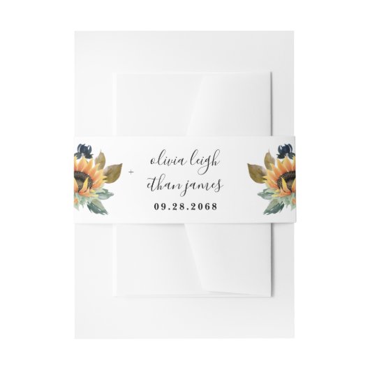 ヒマワリとバラブルゴーニュ赤ネイビー結婚ブルー 招待状ベリーバンド (正面例)