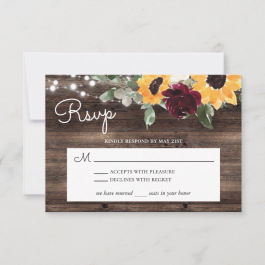 ヒマワリとバラブルゴーニュ赤素朴木材 出欠カード (正面)