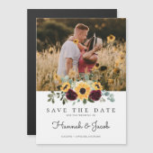 ヒマワリとバラ素朴の写真デートを保存 マグネット招待状 (正面/裏面)