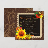 ヒマワリとバードブラウン感謝祭招待状 招待状 (正面/裏面)
