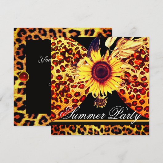 ヒマワリとヒョウの毛皮のボウサマーガーデンパーティー 招待状 (正面/裏面)