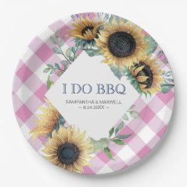 ヒマワリとピンクタータンチェックI do BBQ紙プレート ペーパープレート