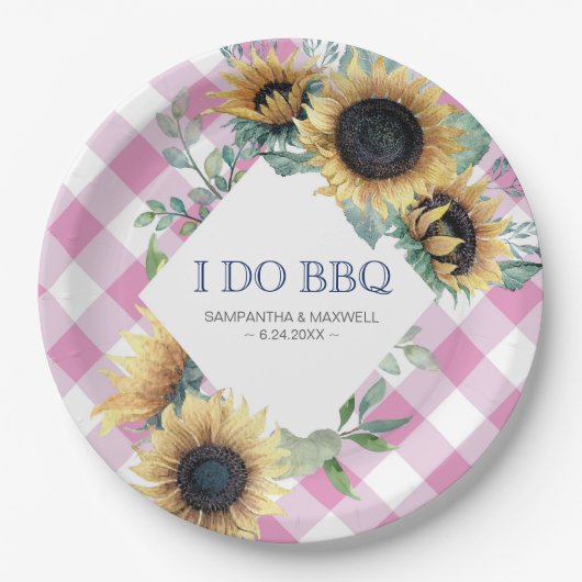 ヒマワリとピンクタータンチェックI do BBQ紙プレート ペーパープレート (正面)
