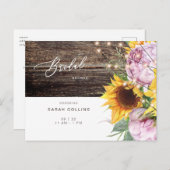 ヒマワリとピンク牡丹素朴ブライダルシャワー インビテーションポストカード (正面/裏面)