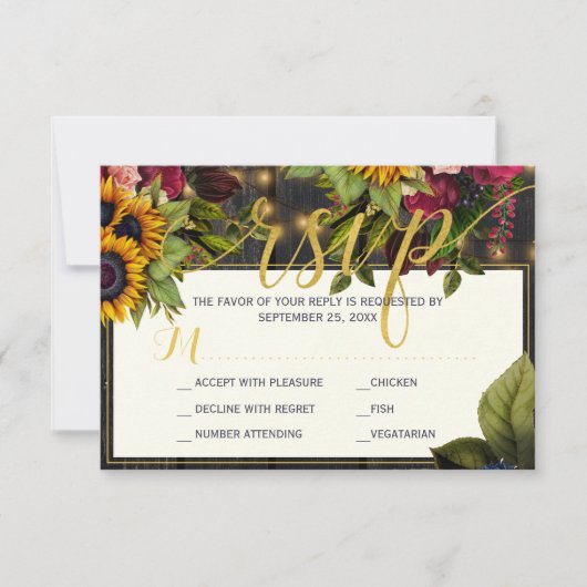 ヒマワリとブルゴーニュバラ素朴な秋の結婚式 出欠カード (正面)