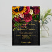 ヒマワリとブルゴーニュバラ素朴な秋の結婚式 箔招待状 (立ち正面)