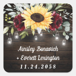 ヒマワリとブルゴーニュ素朴ー結婚レッドローズ スクエアシール