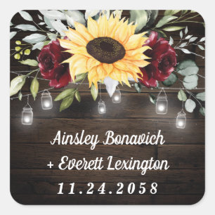 ヒマワリとブルゴーニュ素朴ー結婚レッドローズ スクエアシール