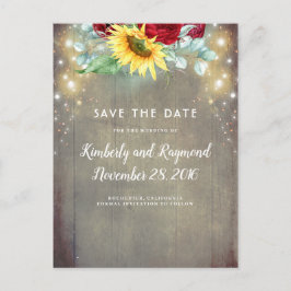 ヒマワリとブルゴーニュ赤バラ秋Save the Date 案内ポストカード
