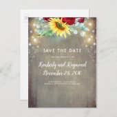 ヒマワリとブルゴーニュ赤バラ秋Save the Date 案内ポストカード (正面/裏面)