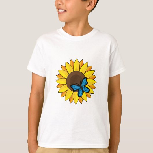 ヒマワリとブルーバタフライ Tシャツ (正面)