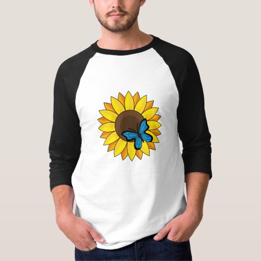 ヒマワリとブルーバタフライ Tシャツ (正面)