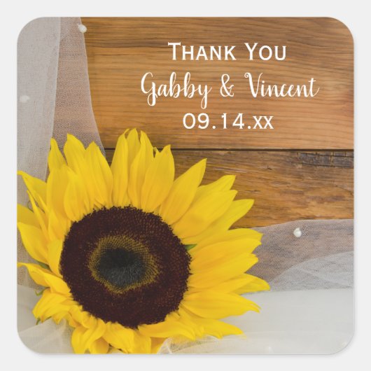 ヒマワリとベールの国の結婚式ありがとうラベル スクエアシール (正面)