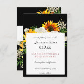 ヒマワリとホワイトローズアートフローラ – 黒 セーブザデート (正面/裏面)