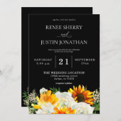 ヒマワリとホワイトローズフローラブラック結婚ズ2 招待状 (正面/裏面)