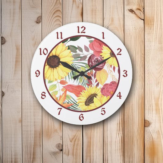 ヒマワリとマルーンバラフローラ ラージ壁時計
