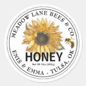 ヒマワリとミツバチの白いハニーラベル ラウンドシール (正面)