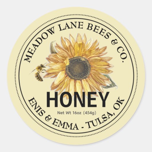 ヒマワリとミツバチ付きイエローハニーラベル ラウンドシール (正面)
